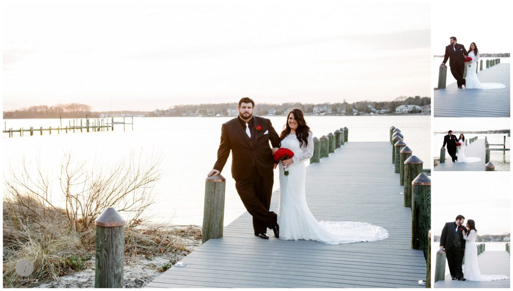 bride and groom on dock at sunset