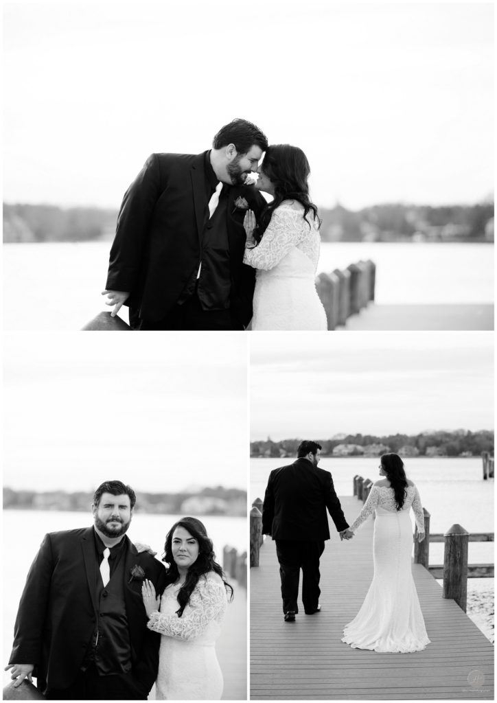 black and white photos of bride and groom on dock at sunset
