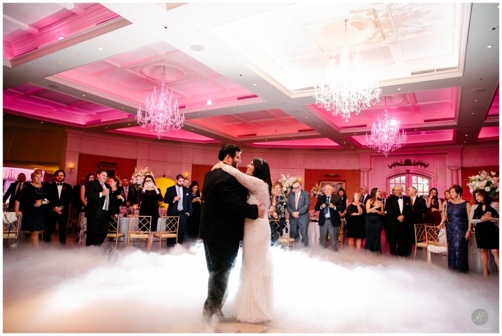 bride and groom's first dance at clarks landing yacht club wedding