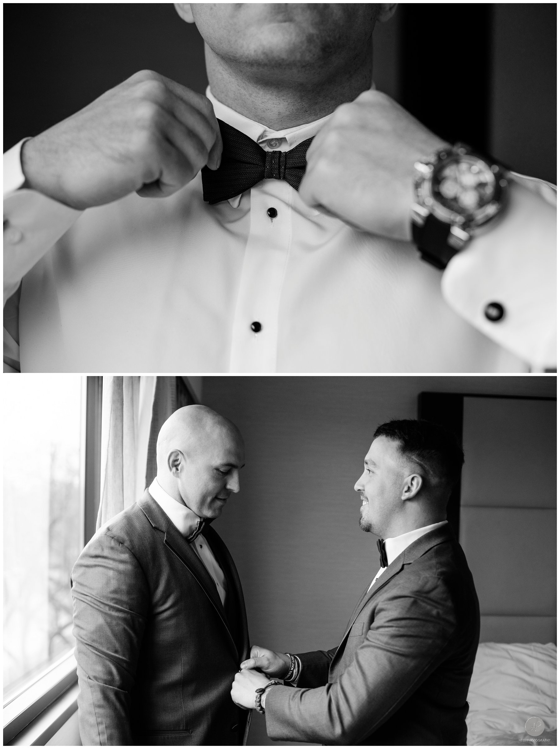 black and white photos of groom getting ready