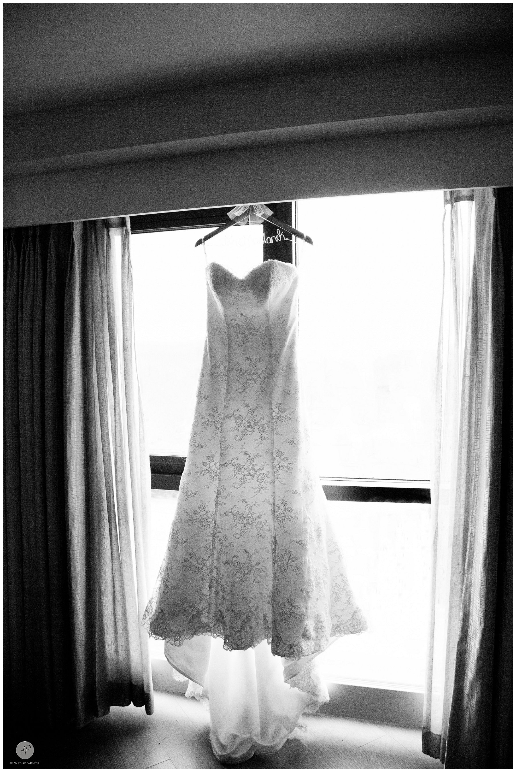 black and white photo of wedding dress