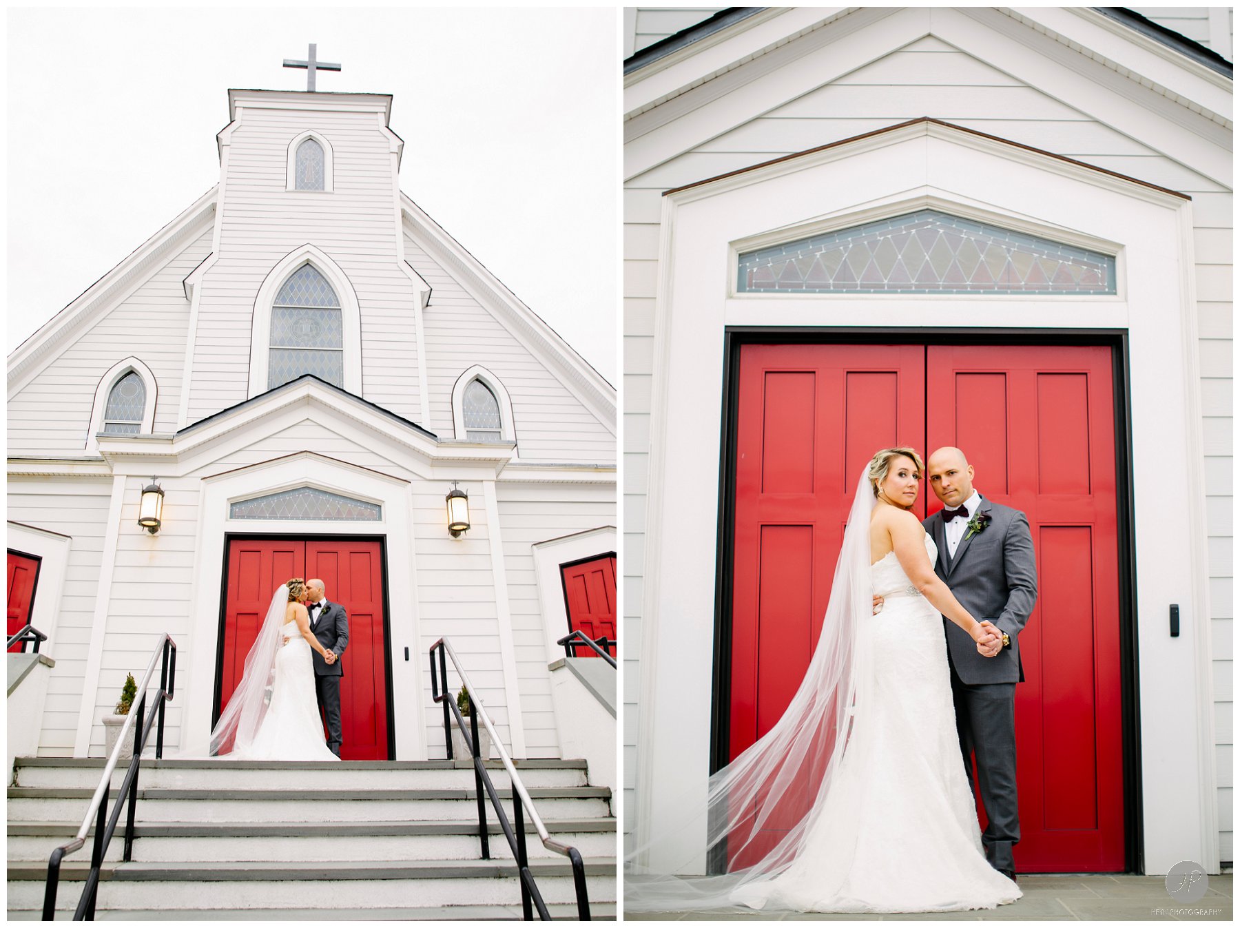 bride and groom in front of church
