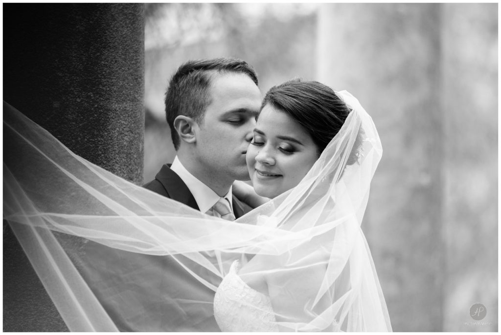 romantic black and white photo of bride and groom 