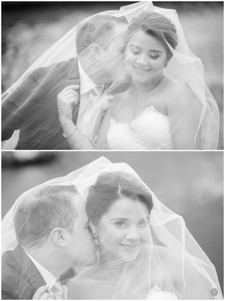 black and white bride and groom in veil