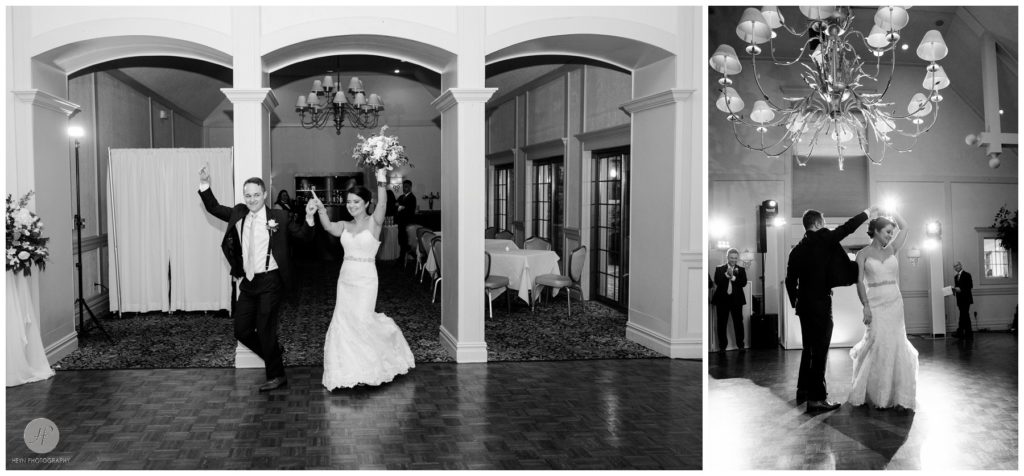 black and white photo of bride and groom entering reception