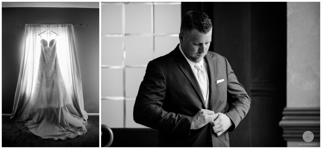 black and white photos of groom getting ready and bridal gown