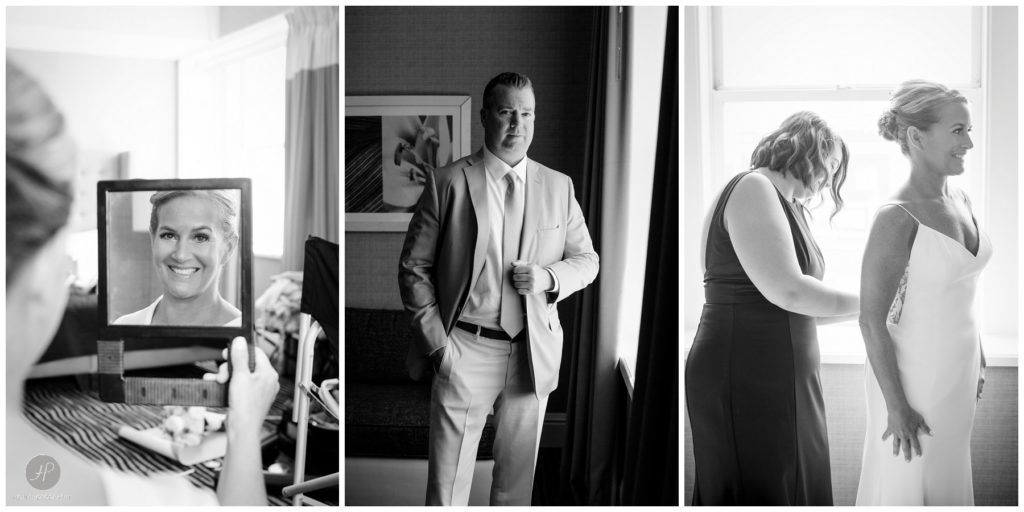 black and white photos of bride and groom getting ready