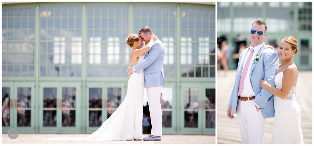 bride and groom in front of convention hall in Asbury Park NJ