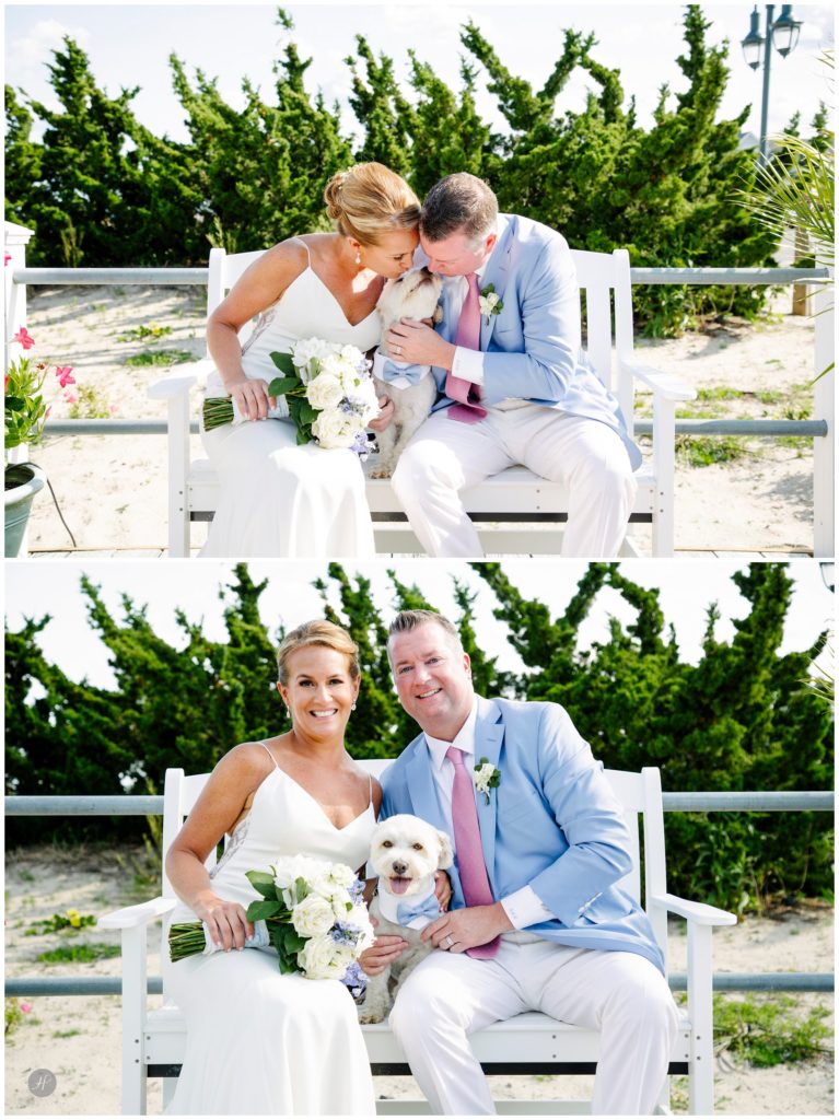 bride and groom and their dog at belmar fishing club wedding