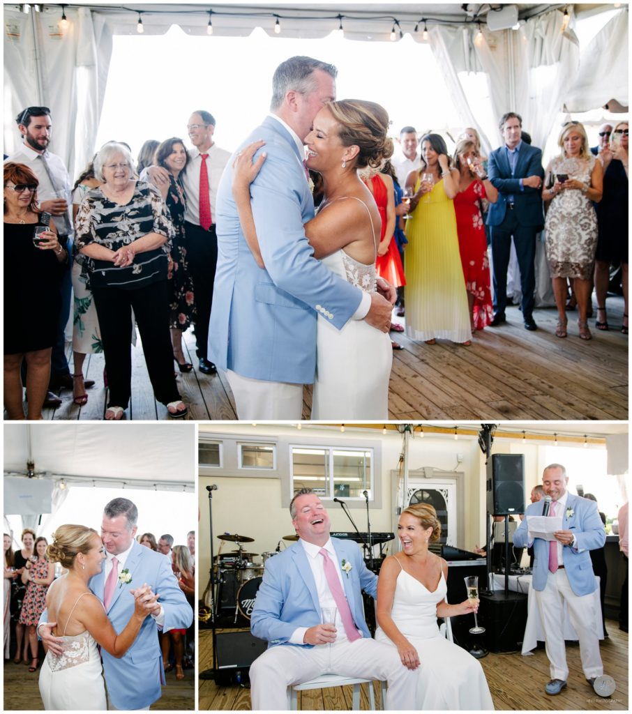 bride and groom at reception at belmar fishing club wedding
