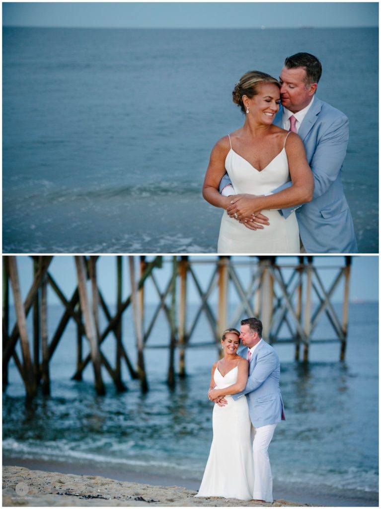bride and groom romantic sunset photos by pier at belmar fishing club