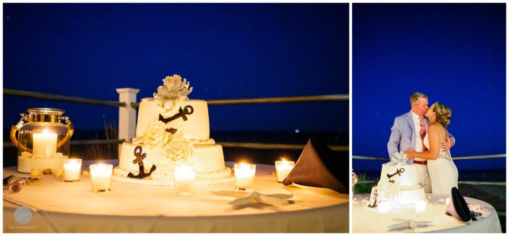 bride and groom and wedding cake at belmar fishing club wedding