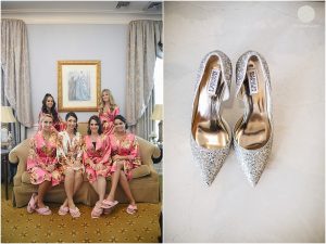 badgley mischka wedding shoes and bridal party in robes at eagle oaks country club