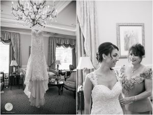 bride with mom and wedding dress