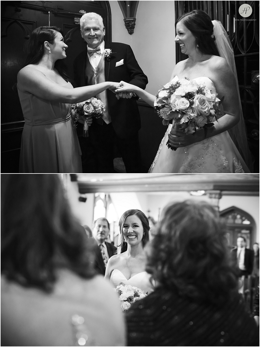 black and white bride and family walk down aisle at clarks landing yacht club wedding