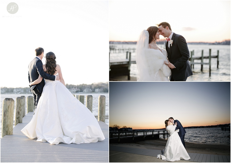 bride and groom on dock at sunset at  clarks landing yacht club wedding 