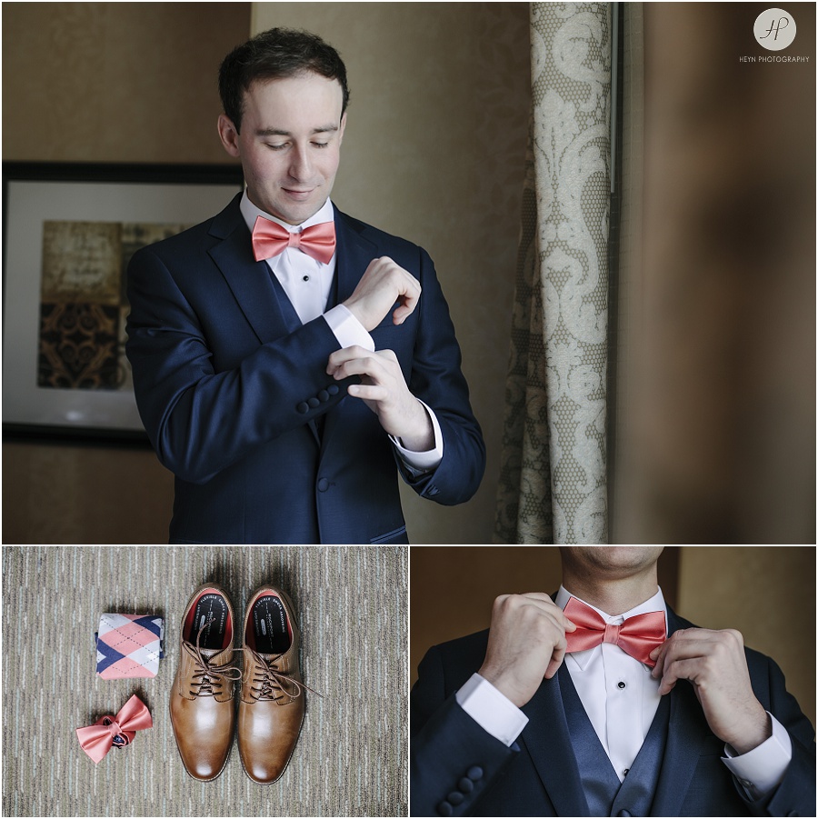 groom and his details getting ready for clarks landing yacht club wedding