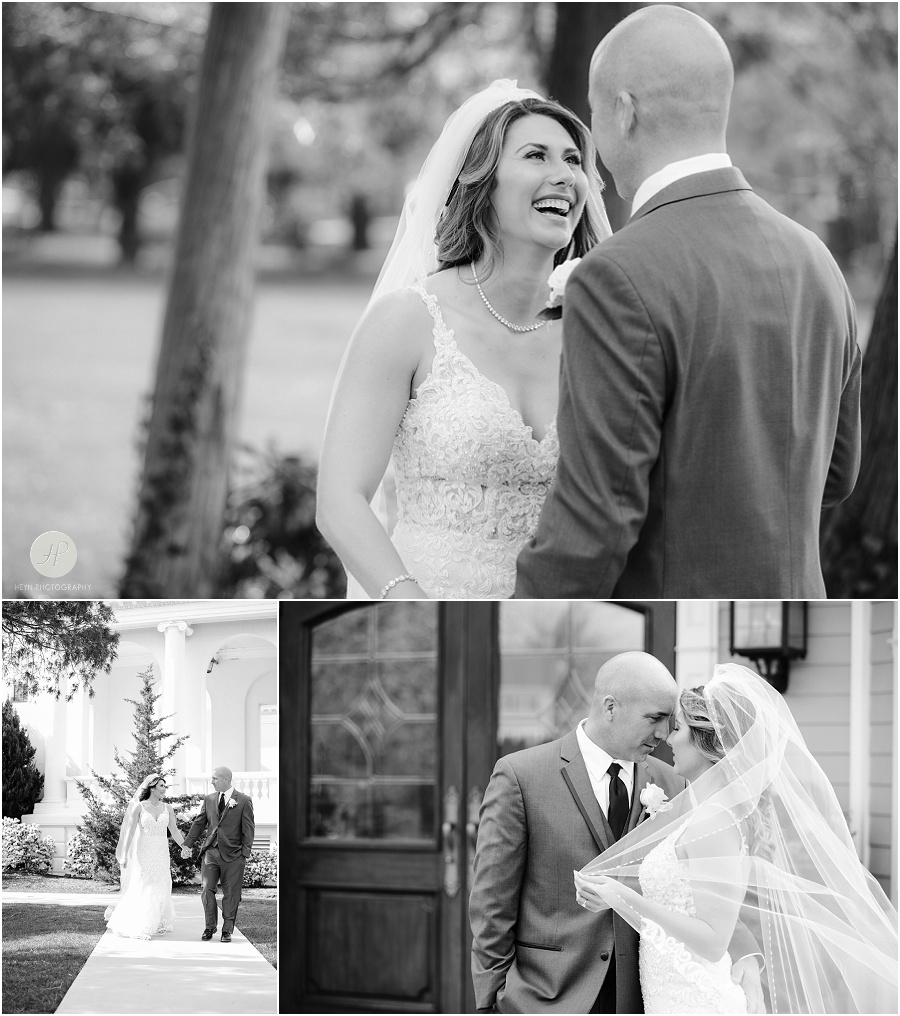 black and white groom and bride outside Monmouth University Library wedding photography