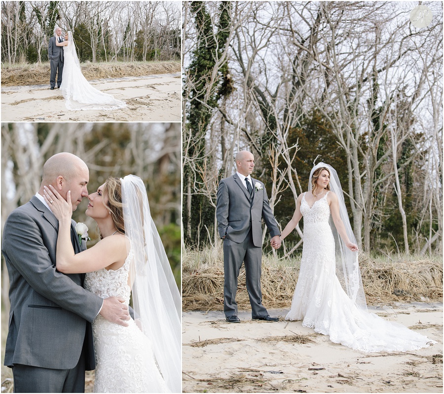 Bride and groom on beach at clarks landing yacht club wedding in point pleasant nj