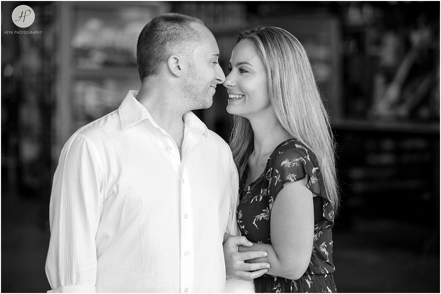 couple smiling in Convention hall in Asbury Park engagement session jersey shore 