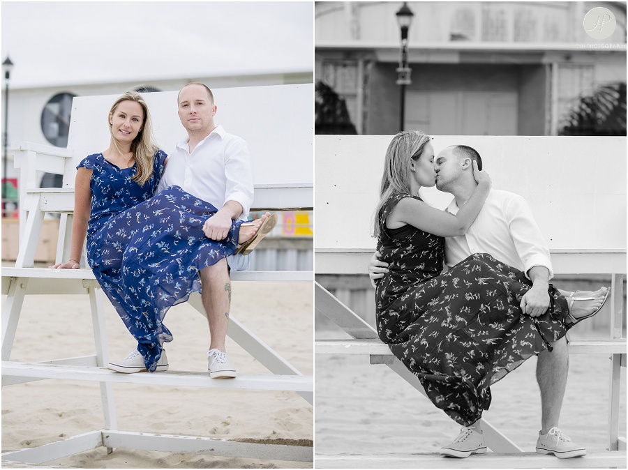  couple on lifeguard stand in Asbury Park engagement session jersey shore 