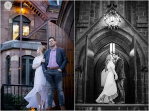 couple in front of chapel at seton hall university engagement session