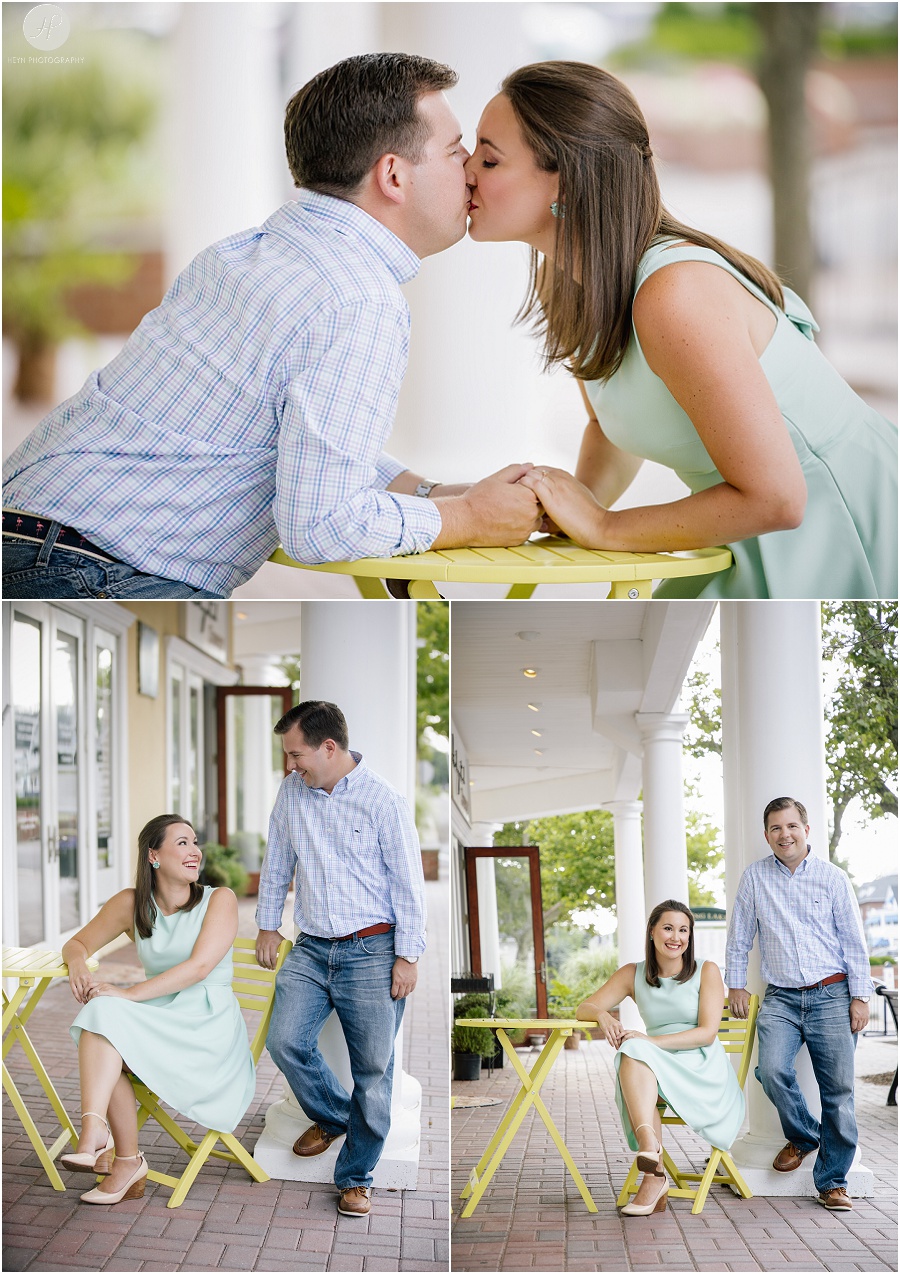 couple sitting downtown at spring lake engagement session