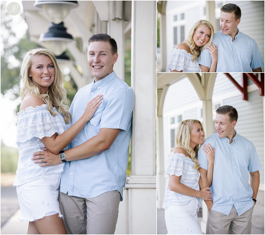couple at train station at manasquan engagement session 