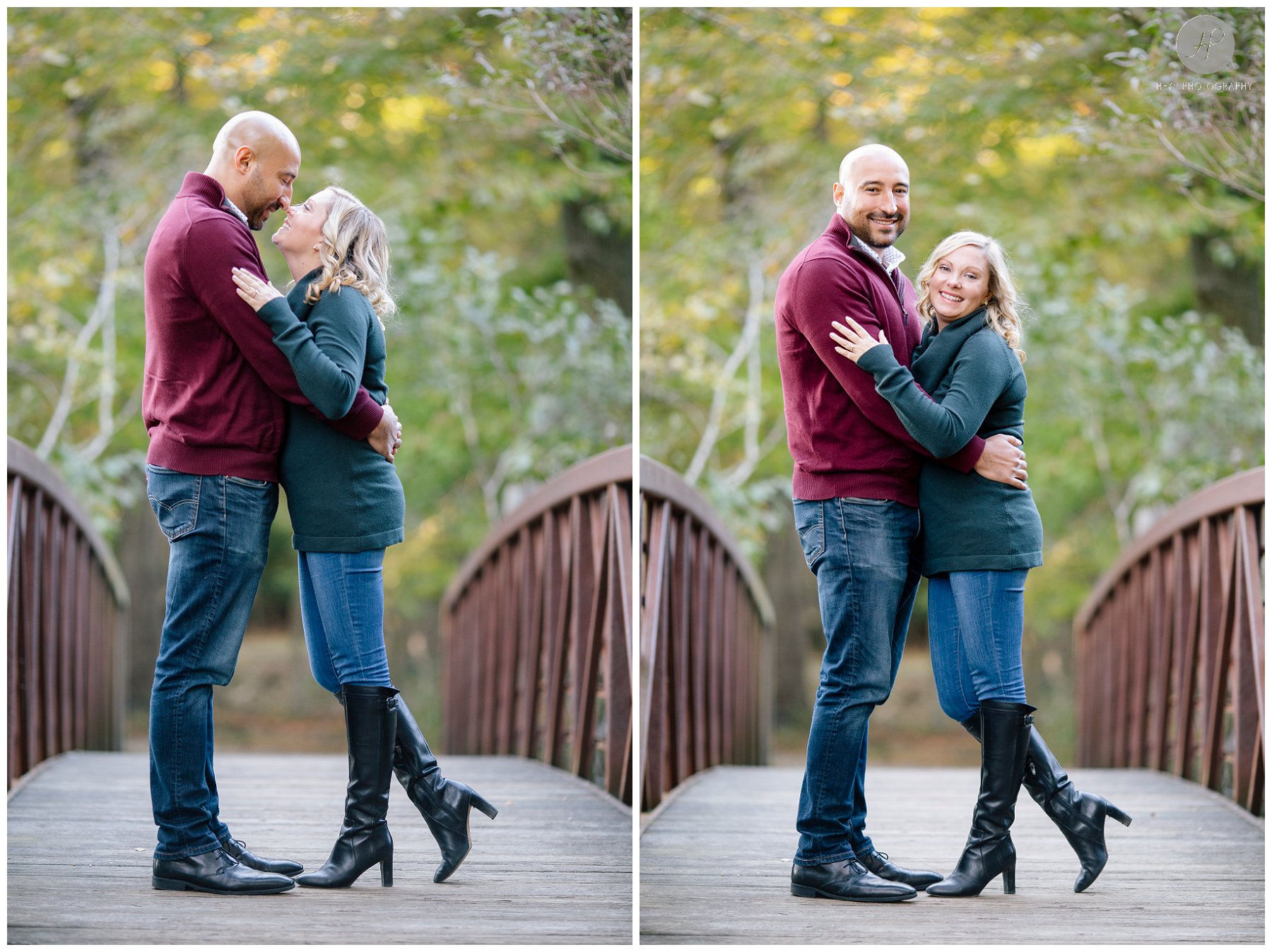 couple on  bridge for allaire state park engagement session in new jersey 