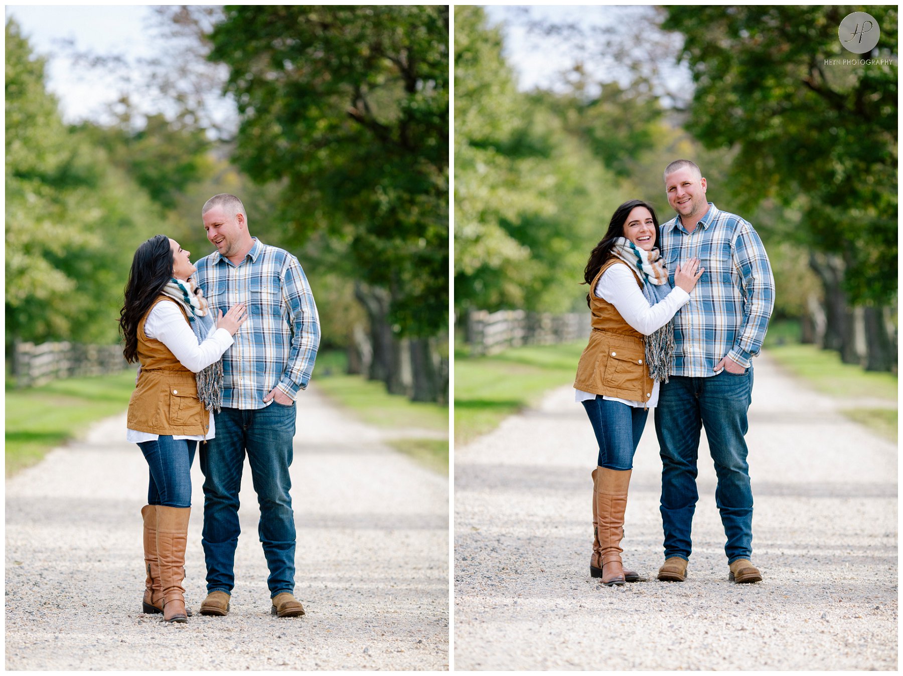 couple on dirt road at bayonet farm engagement session in new jersey