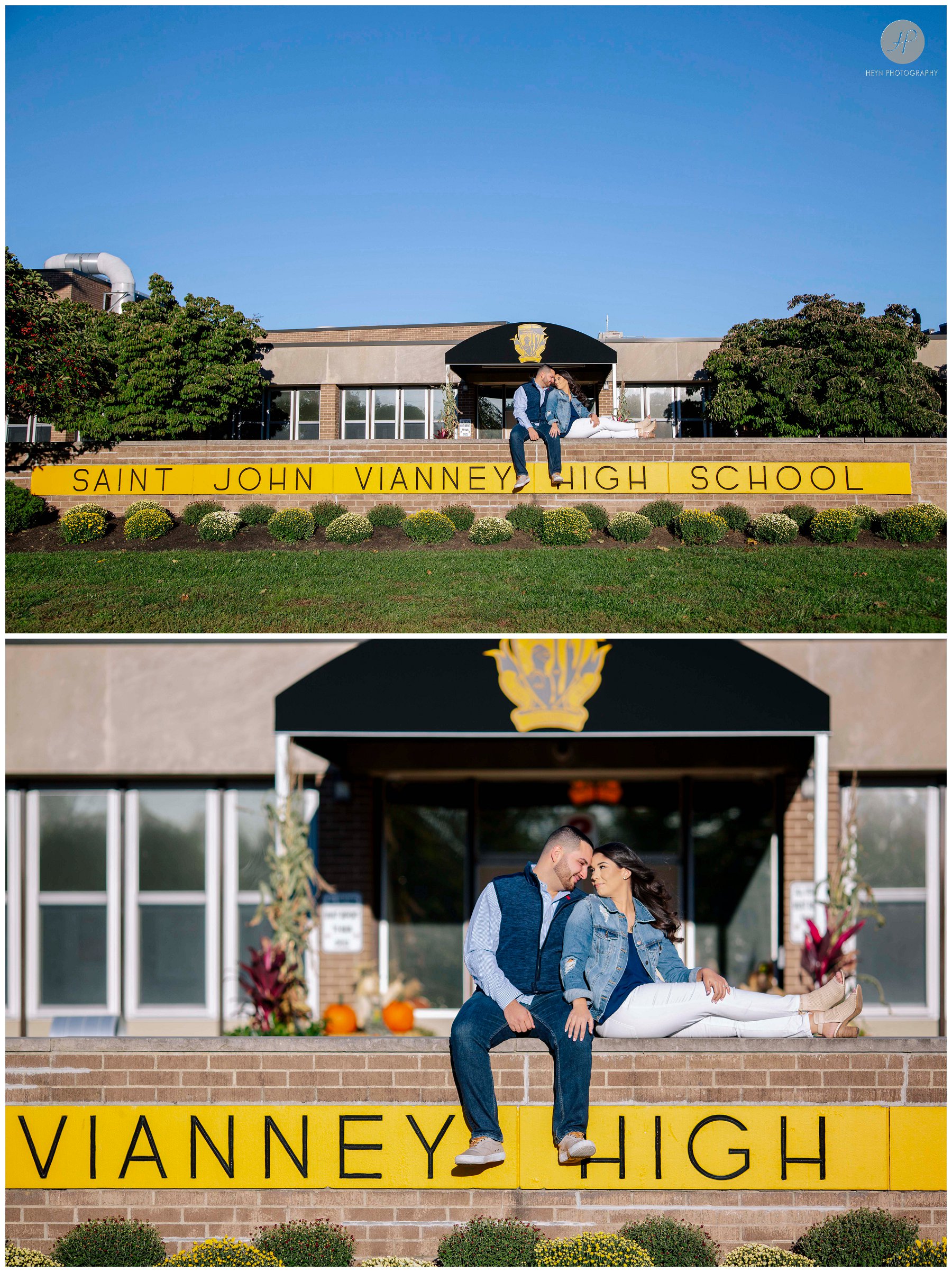couple outside high school for Bayonet Farm engagement session in new jersey 