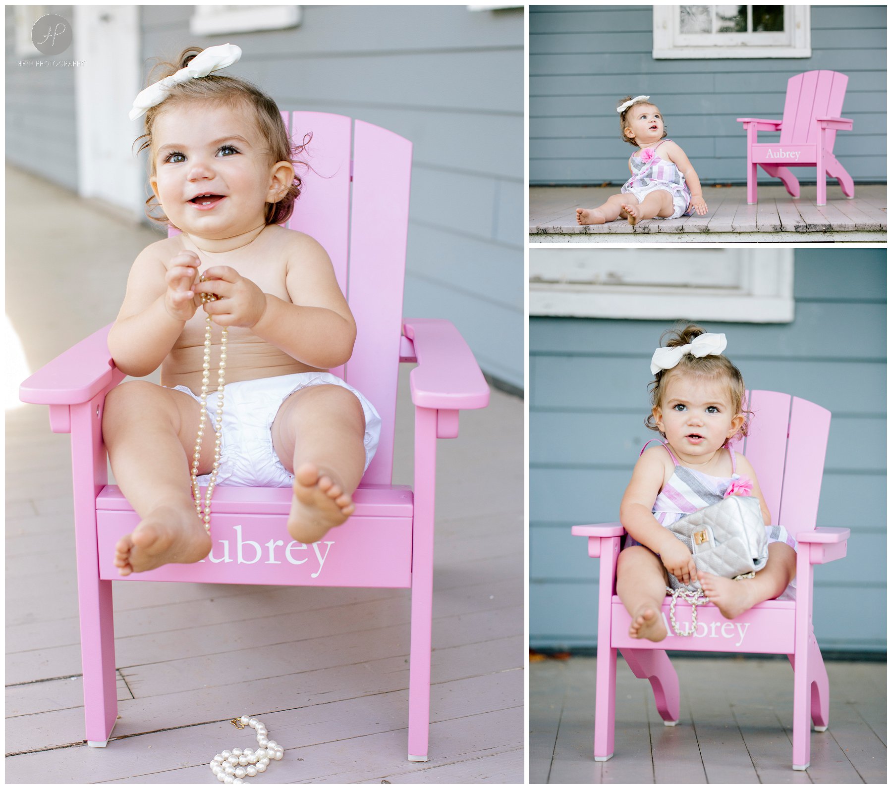 little girl sits in pink chair at bayonet farm family session