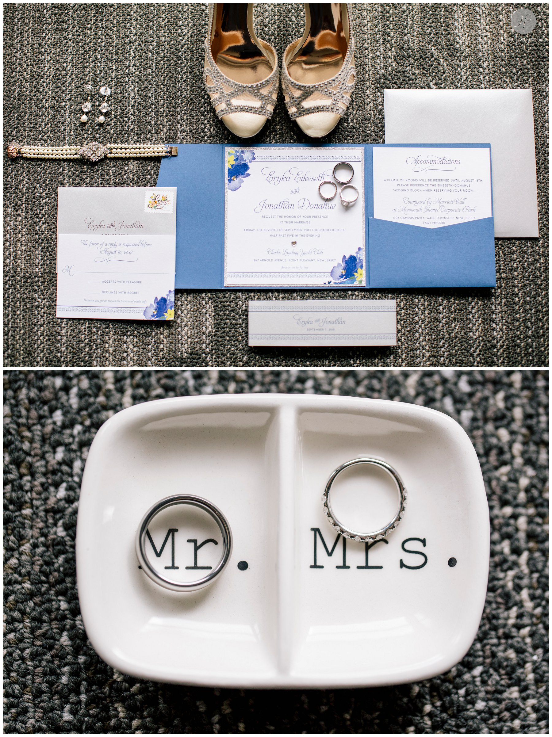blue and white details at clarks landing yacht club wedding in new jersey