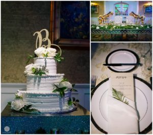 reception details and wedding cake at clarks landing yacht club wedding