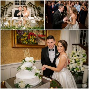 bride and groom toast and wedding cake at clarks landing yacht club wedding