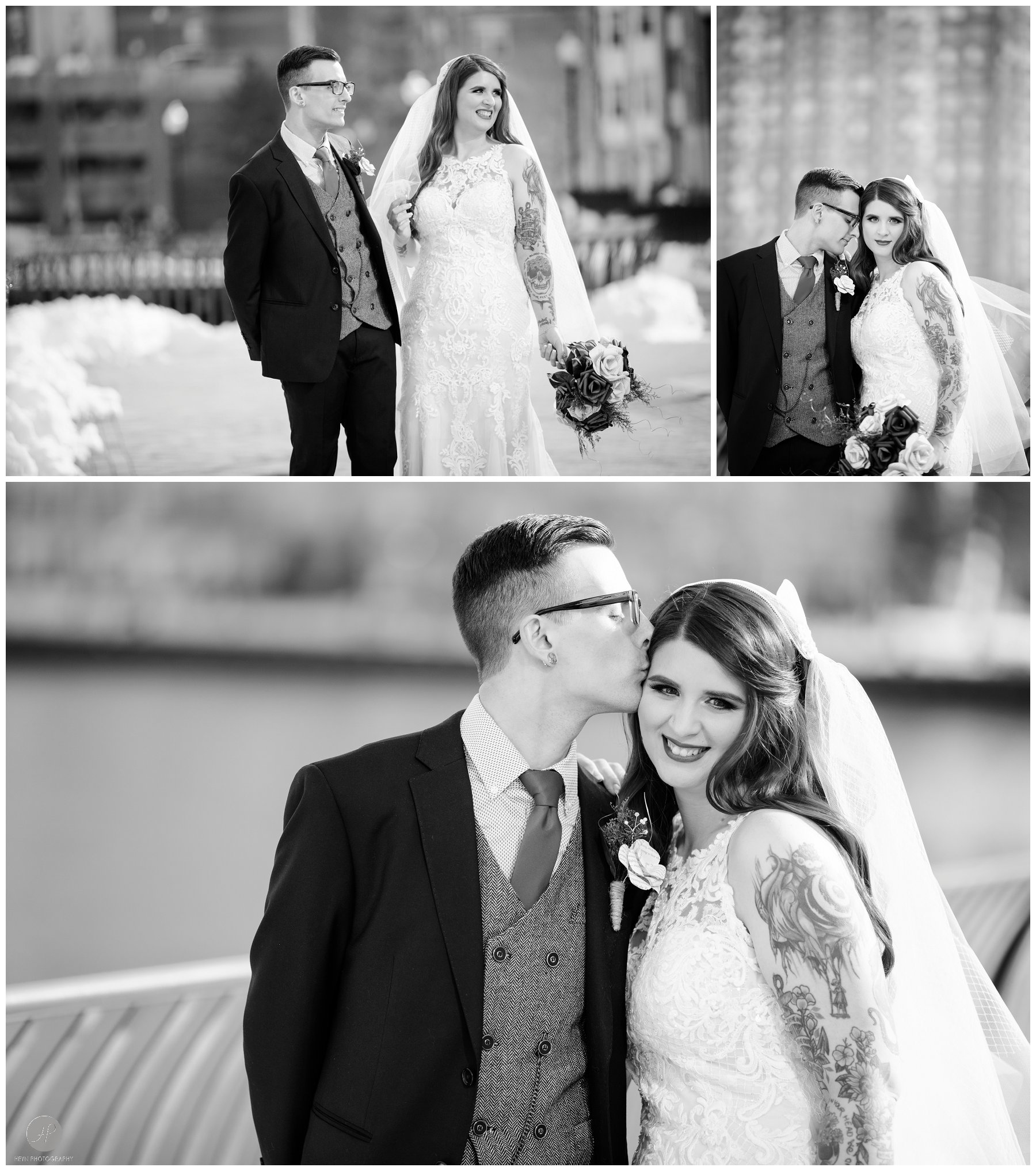 jersey city waterfront bride and groom black and white outdoor photo