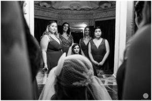 dramatic black and white photo of bride