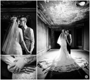 black and white photos of bride and groom at landmark loews jersey theatre wedding